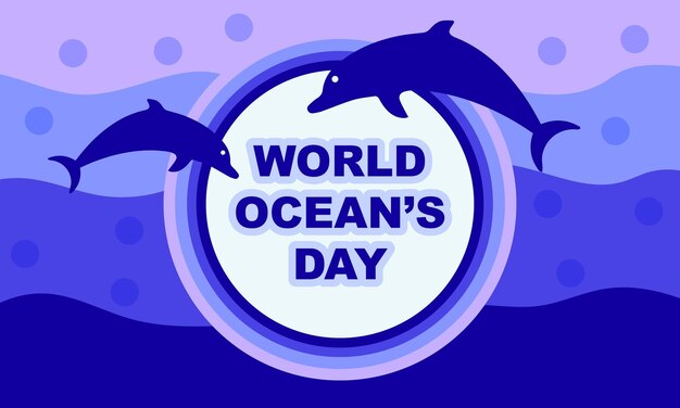 세계 해양의 날: 배경에 돌고래와 돌고래가 그려진 포스터