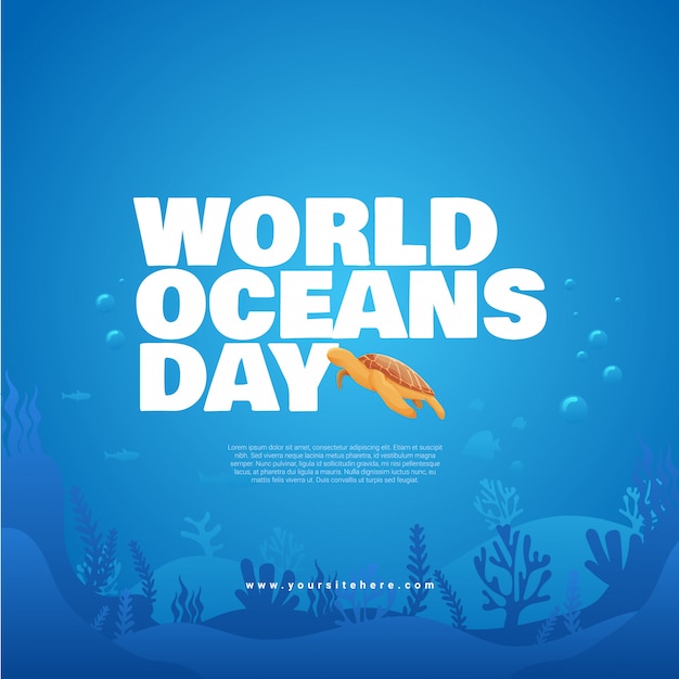 Vector world oceans day square social media post template with bold title and sea turtle concept