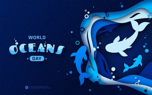 World Oceans Day vakantie. Meerlagige kunst van papier met zee golven, vis en water bubbels