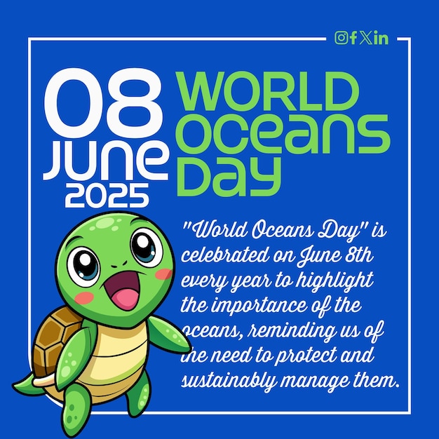 World Oceans Day Vector Poster with Replaceable Text Featuring a Caretta caretta Loggerhead Sea Tur