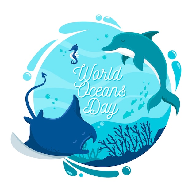 Vector world oceans day with dolphin and stingray