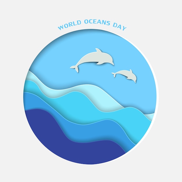 Giornata mondiale degli oceani con onda tagliata su carta e delfini su cornice rotonda