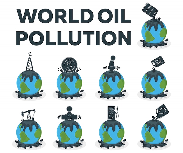 世界の油汚染の概念。石油による地球汚染。大災害漫画イラスト