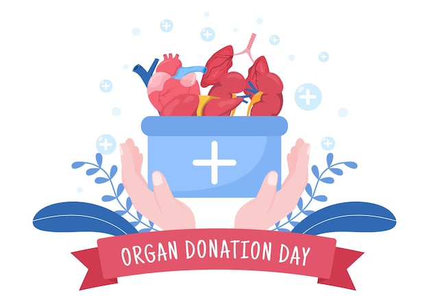 World organ donation day for transplantation saving lives and health care in cartoon illustration