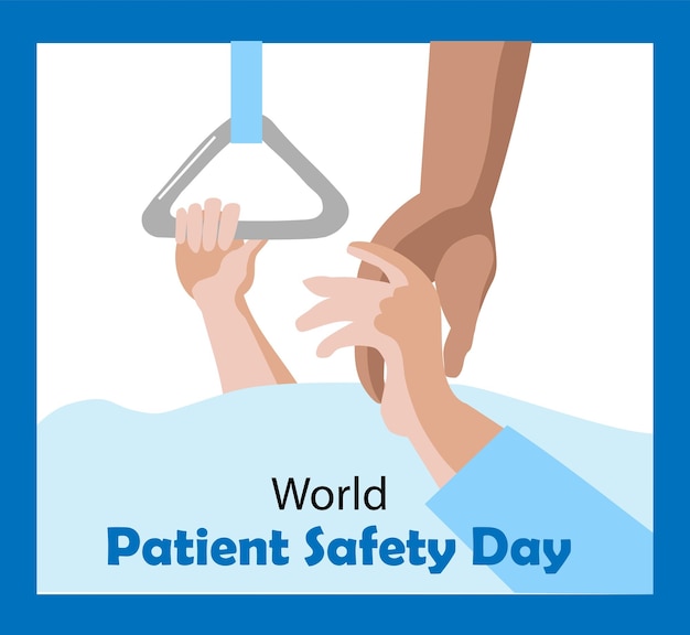 世界患者安全デーのバナーまたはポスターの手のアイコンは、患者のベクトル図を保護します