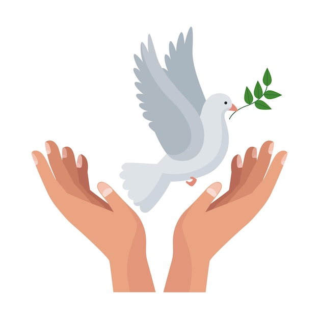 world peace day hands and dove icon isolated