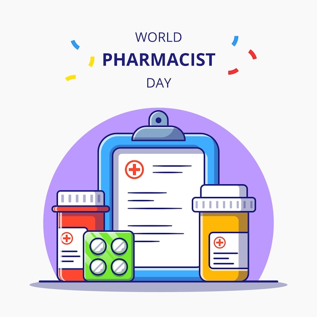 World Pharmacist Day Flat Banner Illustration. Pharmacy and Medicine Icon Concept Isolated.