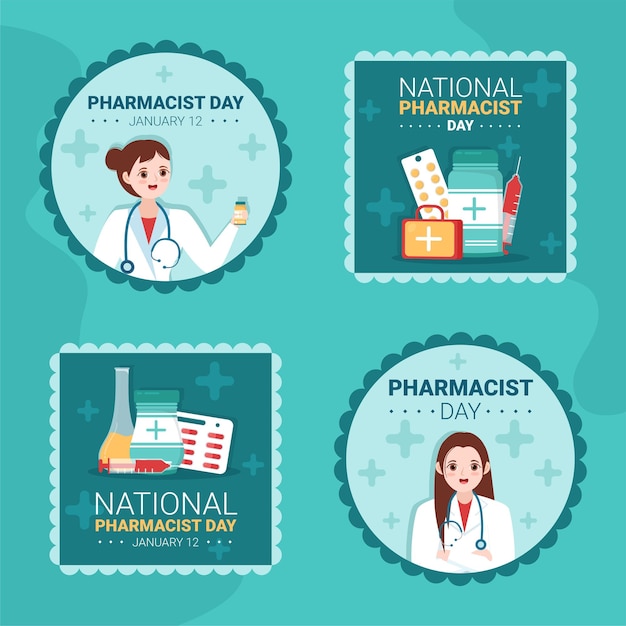 World Pharmacists Day Label Flat Cartoon Hand Drawn Templates Illustration