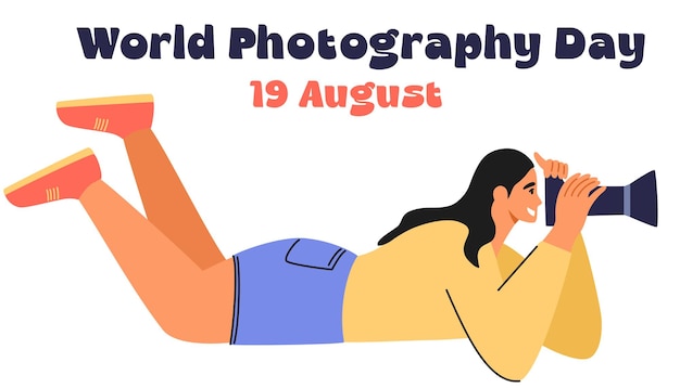 세계 사진의 날 8월 19일 카메라를 들고 있는 젊은 여성 사진작가 전문 휴가 포스트