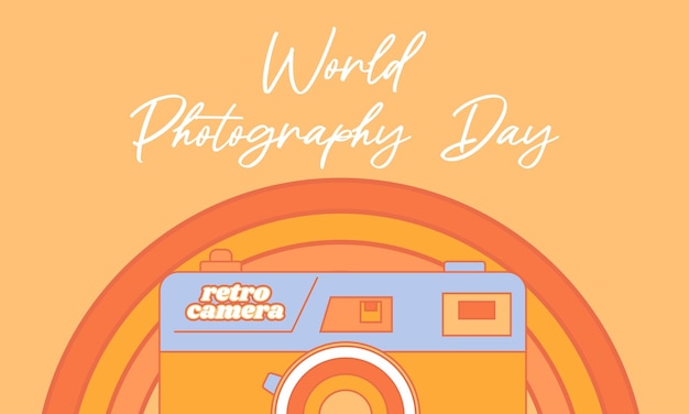 Vector world photography day august 19 retro groovy style holiday concept background banner card and poster