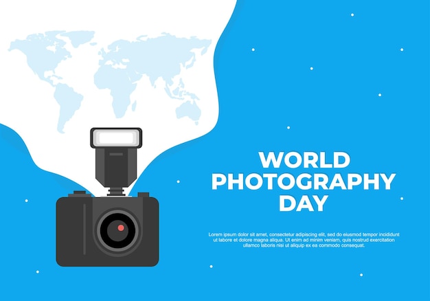 벡터 8월 19일 세계 사진의 날 포스터: 파란색 바탕에 현대적인 카메라와 세계 지도가 그려져 있다.