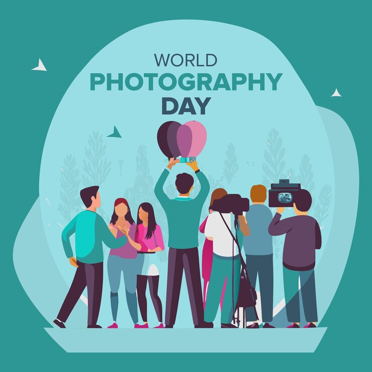 Vector world photography day celebration poster design with leaves and camera