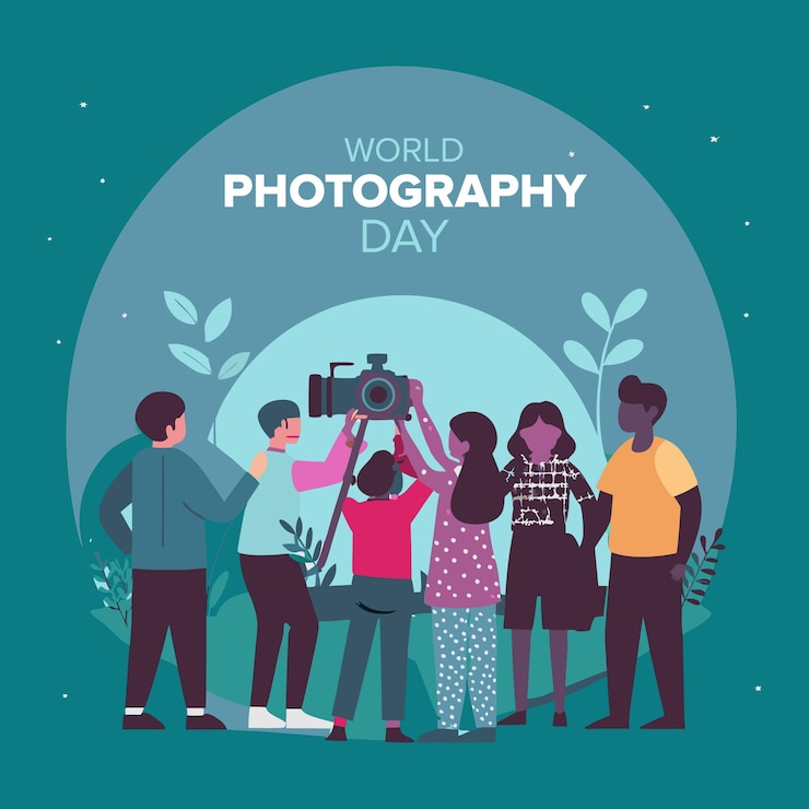 Vector world photography day celebration poster design with leaves and camera