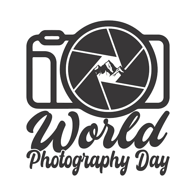 Vettore logo della giornata mondiale della fotografia con una macchina fotografica e montagne sullo sfondo