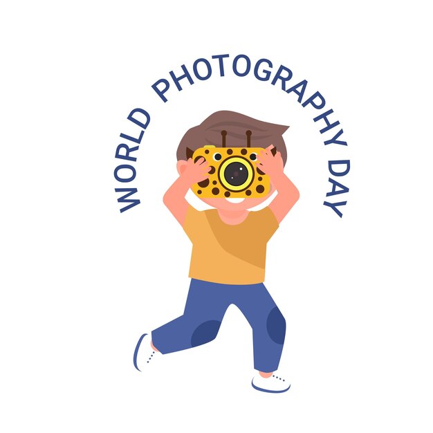 Illustrazione vettoriale della giornata mondiale della fotografia bambino felice con la macchina fotografica