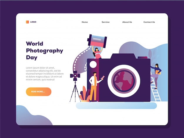 Vector world photography day vector illustration with man holding camera landing page template