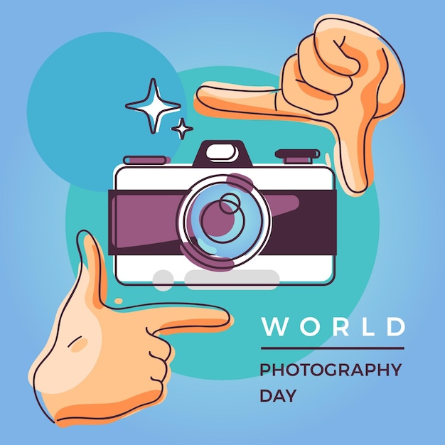 Vector world photography day with camera and hands