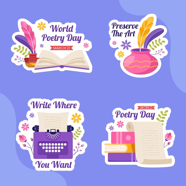 World poetry day label with paper and quill flat cartoon hand drawn templates illustration