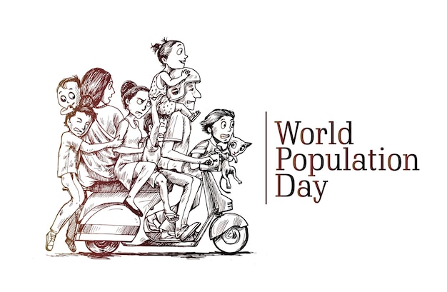 World Population Day 11 July Happy with his family sitting on scooter Hand Drawn Sketch Vector illustration