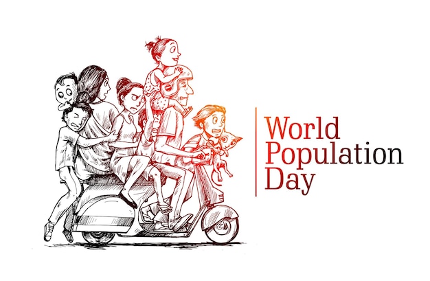 World population day 11 july happy with his family sitting on scooter hand drawn sketch vector illustration