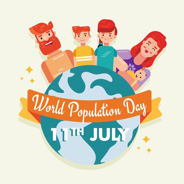 Giornata mondiale della popolazione 11 luglio persone sul banner grafico di progettazione di sfondo vettoriale del poster del globo