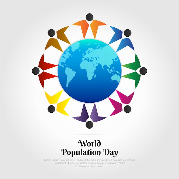 世界人口デー デザインベクトル 世界地図と人々のシルエット 世界人口デーの背景ベクトル