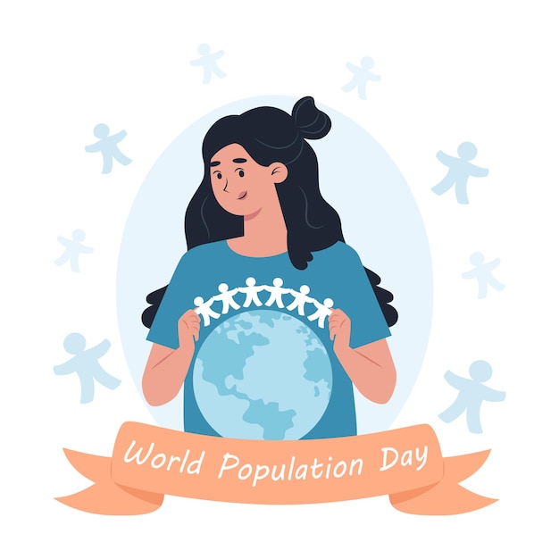 World population day, a woman holds a garland of paper men over the planet earth