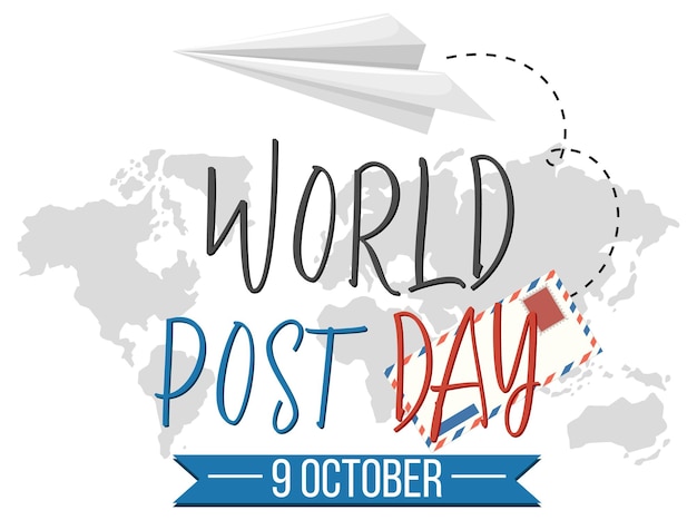 世界地図上の世界郵便の日の単語のロゴ