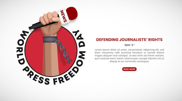 World press freedom day background with a raised reporter's fist with a microphone