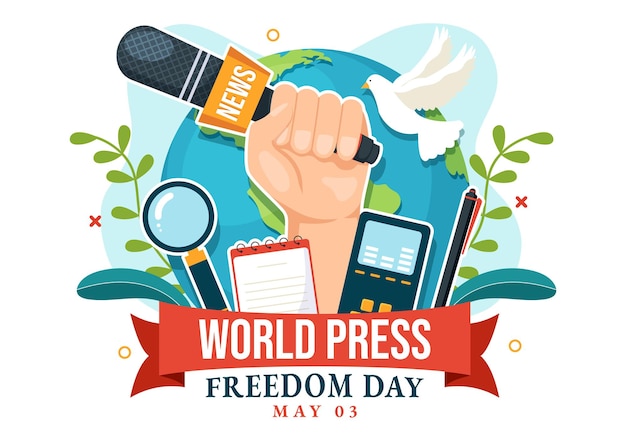 Иллюстрация к Всемирному дню свободы печати с руками, держащими новостные микрофоны в нарисованных от руки шаблонах