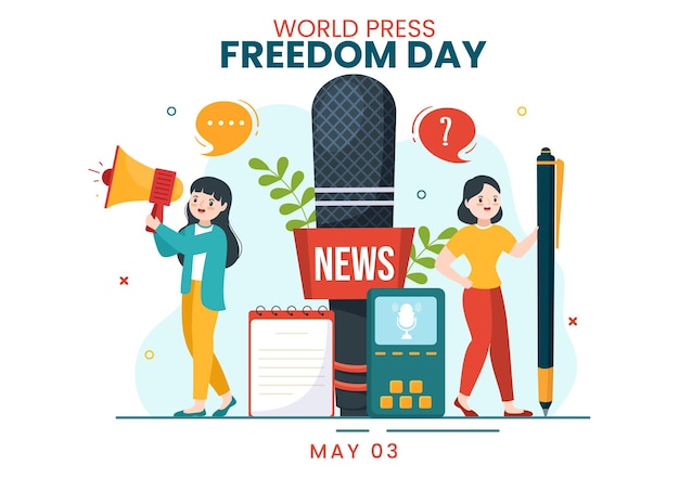 World Press Freedom Day Illustration with Hands Holding News Microphones in Hand Drawn Templates