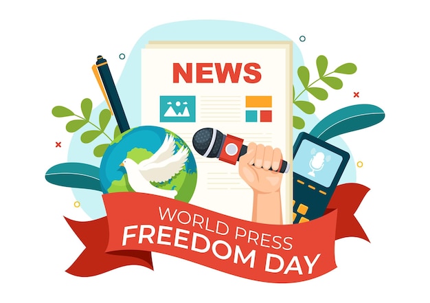 World press freedom day illustration with hands holding news microphones in hand drawn templates