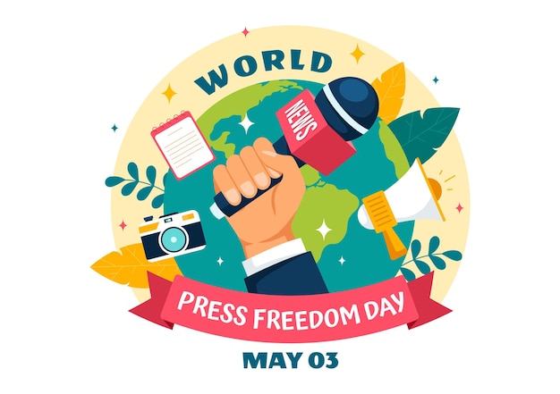 Vector world press freedom day vector illustration on may 3 with news microphones to right to speak