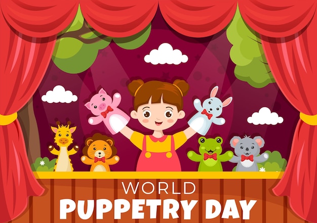 Vector world puppetry day vector illustration on march 21 for puppet festivals which is moved by the fingers hands in flat kids cartoon background design