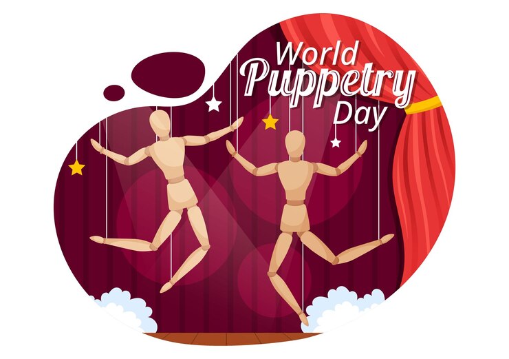 Vector world puppetry day vector illustration on march 21 for puppet festivals which is moved by the fingers hands in flat kids cartoon background design