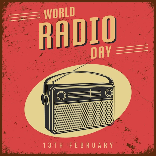 Всемирный день радио в винтажном стиле с гранжевыми текстурами и радиоиллюстрацией