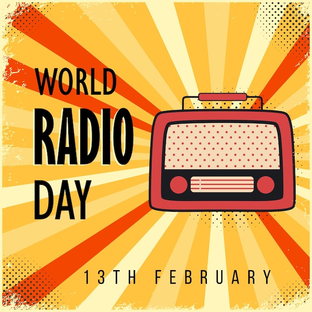 World radio day background in vintage style with grunge textures and radio illustration