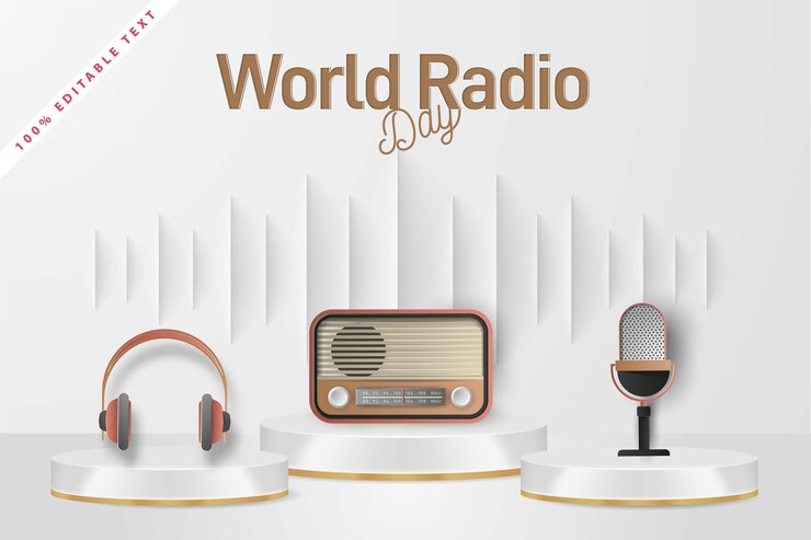 World radio day banner background with editable text effect. Paper cut art style.  