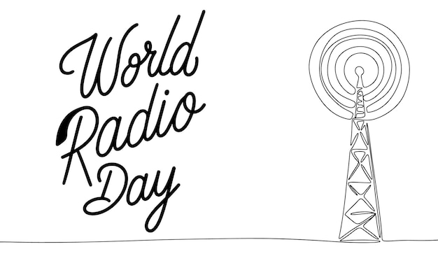 Banner della giornata mondiale della radio scrittura a mano inscrizione della giornata mondiale della radio frase breve con line art radio