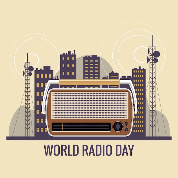 World radio day concept illustratie. vintage radio met allerlei soorten entertainment en nieuwsuitzendingen over de hele wereld