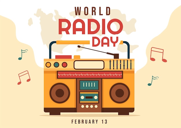 2월 13일 세계 라디오의 날 플랫 일러스트레이션의 랜딩 페이지 템플릿 및 포스터에 대한 아이디어