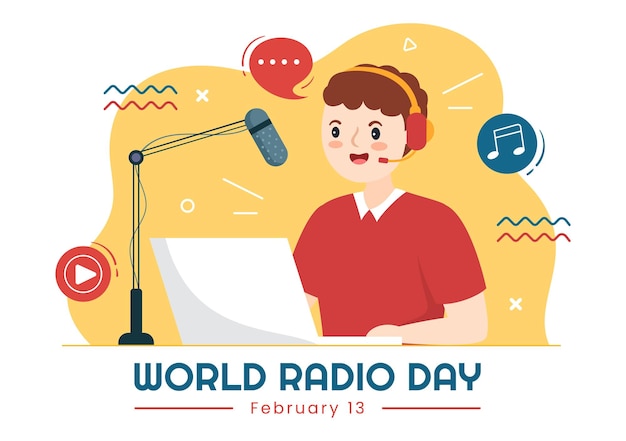 2月13日の世界ラジオデーのランディングページテンプレートとフラットイラストのポスターのアイデア