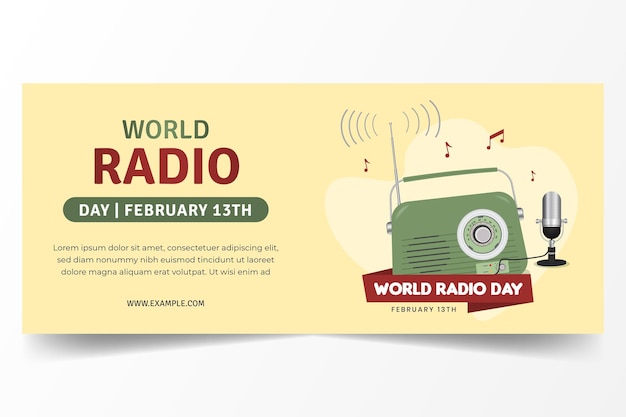 世界ラジオの日 2 月 13 日ビンテージ ラジオとマイクのイラストと水平方向のバナー