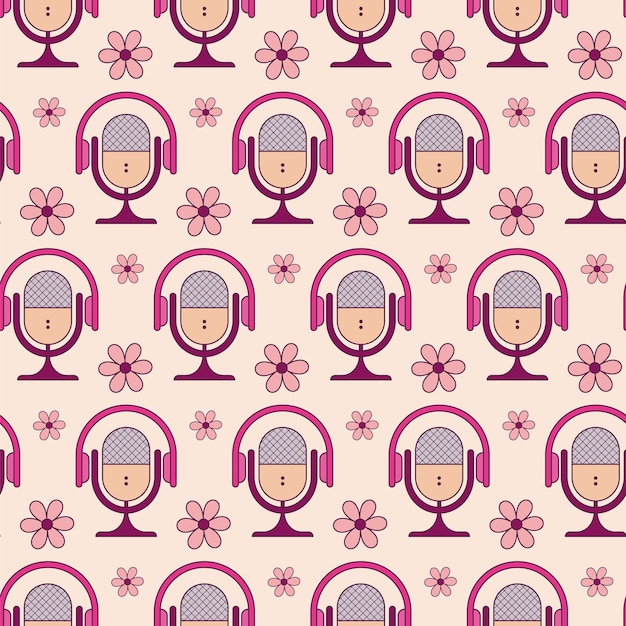 World Radio Day seamless pattern, music day poster, colorful retro podcast background