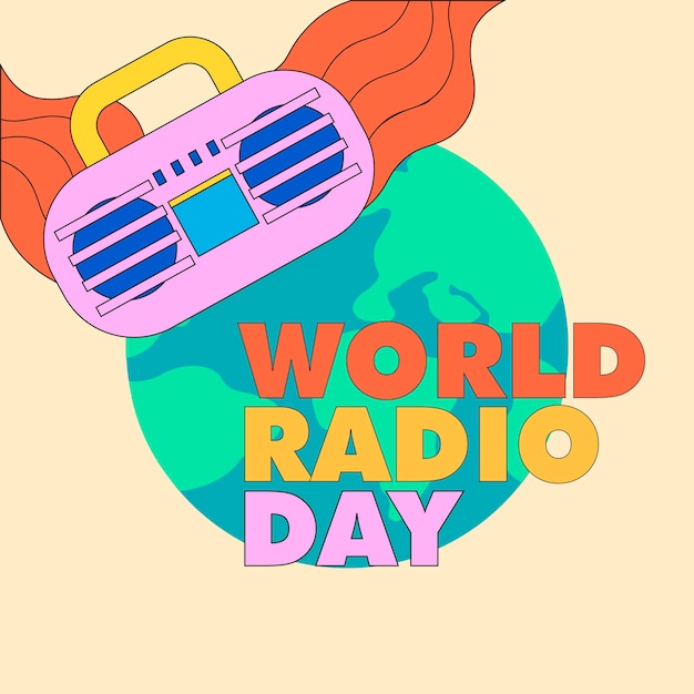 World Radio day with groovy design concept, y2k design, vintage colour