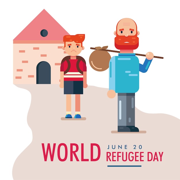 World refugee day 20 june father and son children leaving house vector poster design art