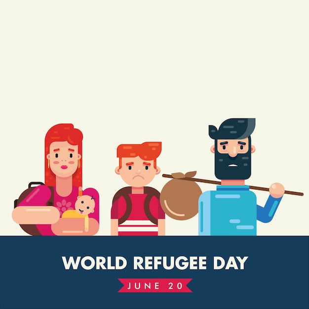Всемирный день беженцев 20 июня с семейным карикатурным векторным дизайном плаката