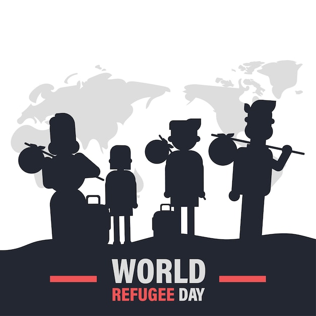 World refugee day 20th june war crisis people family transportation on map vector poster banner design template