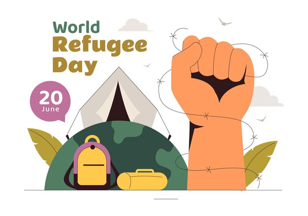 世界難民デー イラスト 移民の家族が鉄のワイヤーと手で家を探している