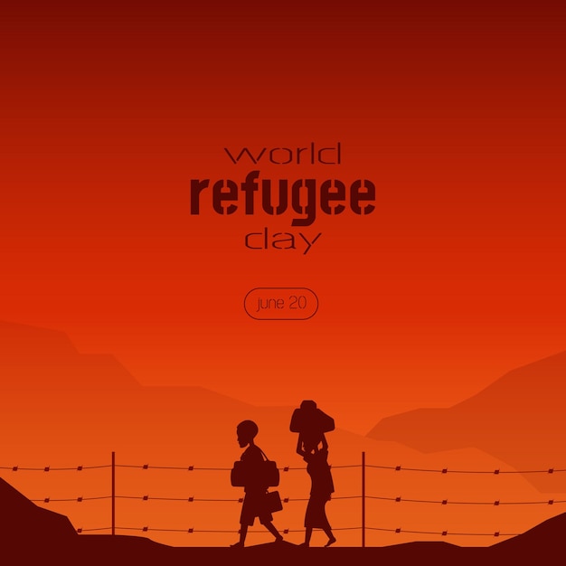 Vector world refugee day template with people walking in desert at sunset